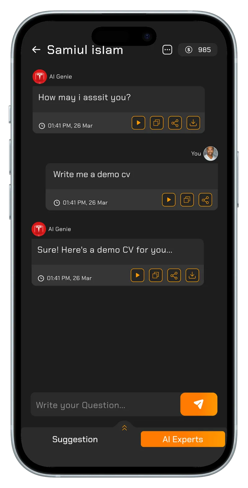 A chat interface labeled “Samui Islam” with a Q&A format and an input field at the bottom.
