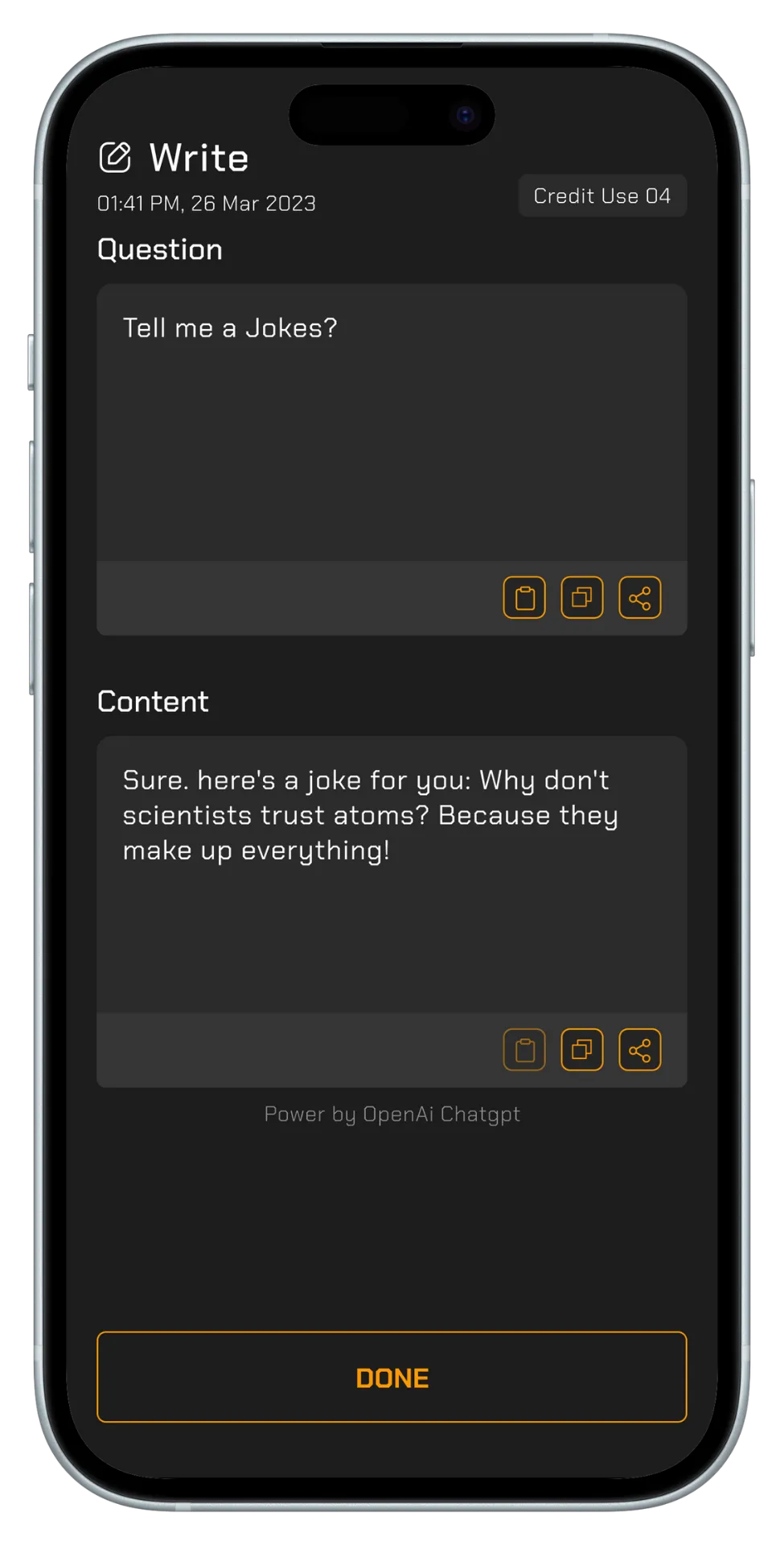 A question and content generation screen for Q&A tasks, with a “Done” button at the bottom.