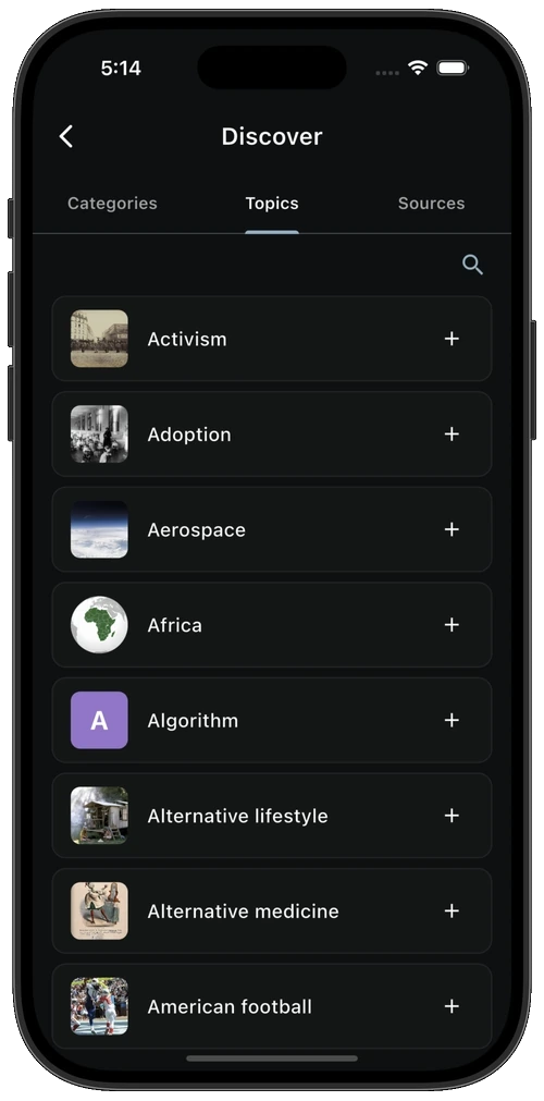 Discover screen listing individual topics to follow in alphabetical order